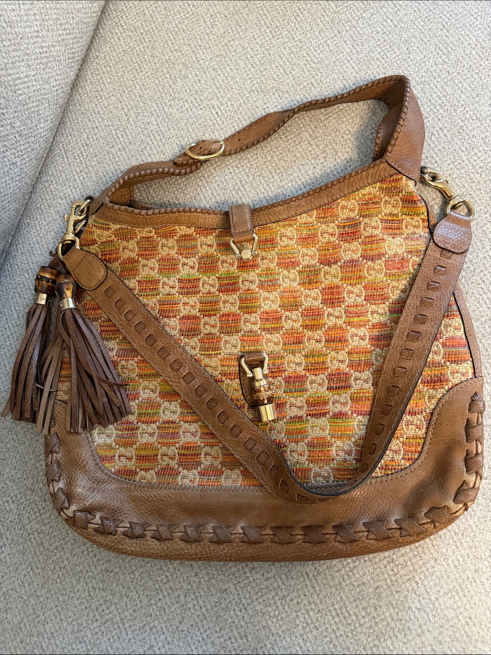 Gucci GG New Jackie Woven Straw and Leather Lebeccio Large Two Way Shoulder Bag - Picture 2 of 8